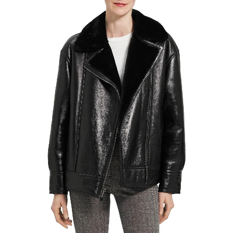 Theory Womens Leather Shearling Lined Motorcycle Jacket Zippered Jacket Buttoned Jacket Snapped Jacket