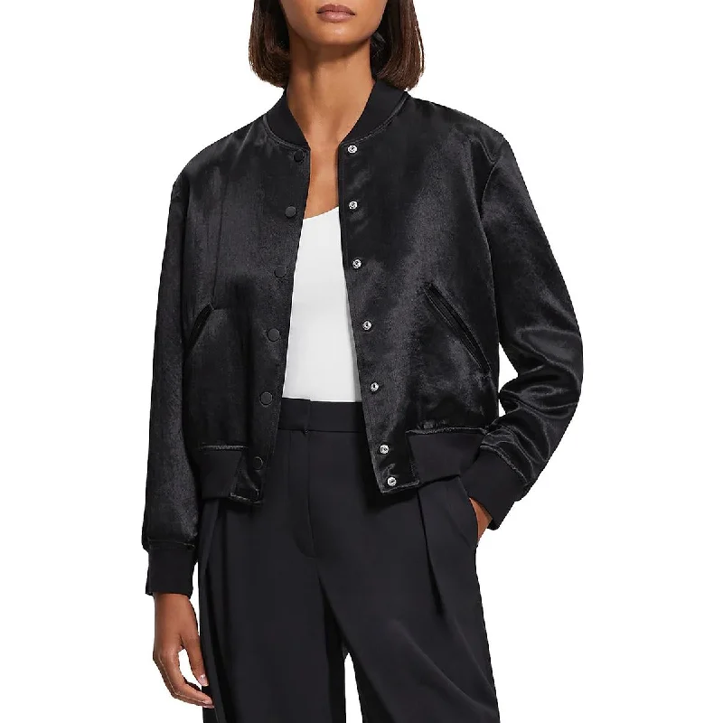 Theory Womens Varsity Satin Glossy Bomber Jacket Belted Jacket Elasticated Jacket Padded Jacket