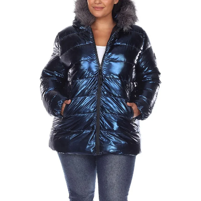 White Mark Womens Plus Metallic Cold Weather Puffer Jacket Knit Fabric Woven Fabric Fleece Fabric
