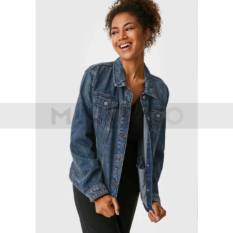 CA Vitange Blue Denim Jacket Zippered Jacket Buttoned Jacket Snapped Jacket