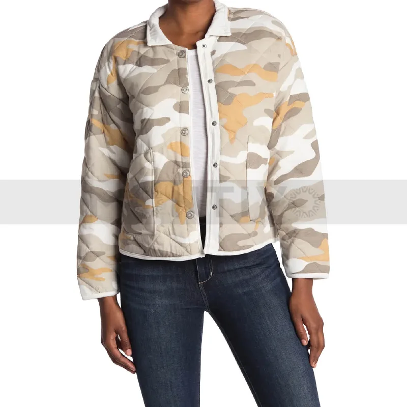 Kensie Beige Camo Quilted Jacket Hooded Jacket Caped Jacket Shawl Collar Jacket