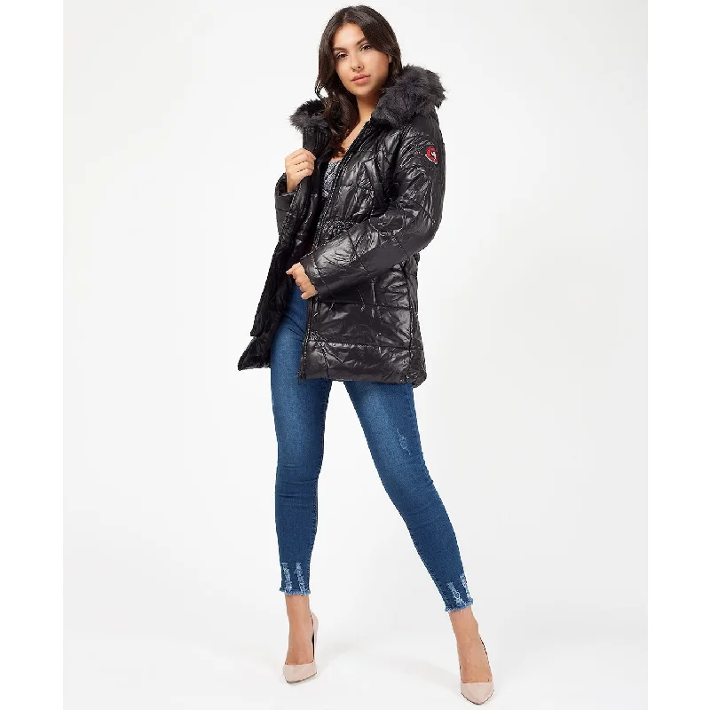 Faux Fur Hood Badge Sleeve Quilted Jacket Embroidered Jacket Appliqued Jacket Beaded Jacket