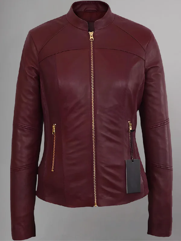 WOMEN’S MOTO BURGUNDY LAMBSKIN REAL LEATHER JACKET Mesh Jacket Canvas Jacket Denim Jacket