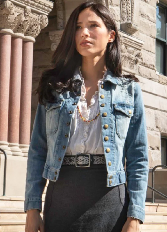 Yellowstone Monica Dutton Cotton Denim Jacket Boat Neck Shawl Collar Notched Collar