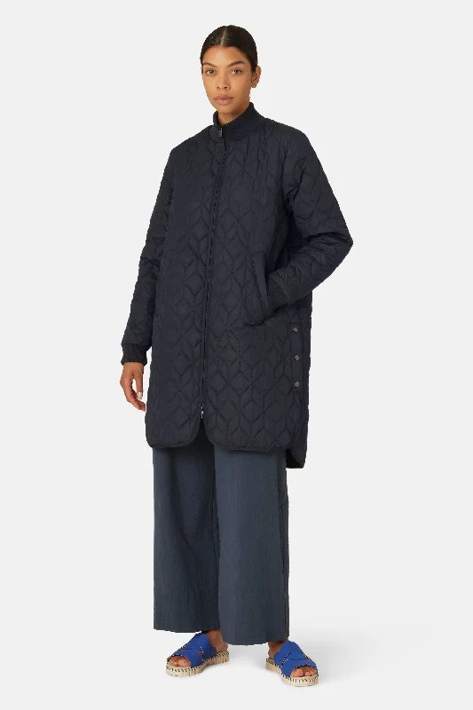 Padded Quilt Coat - Dark Indigo Vegan Leather Trench