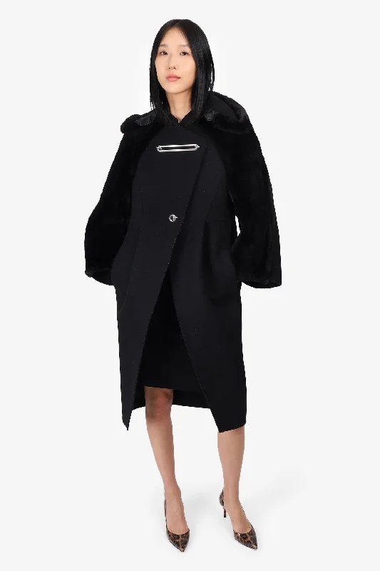 Balenciaga Black Wool/Beaver Fur Coat With Silver Hardware Size 38 Belted Midi-Length Coat