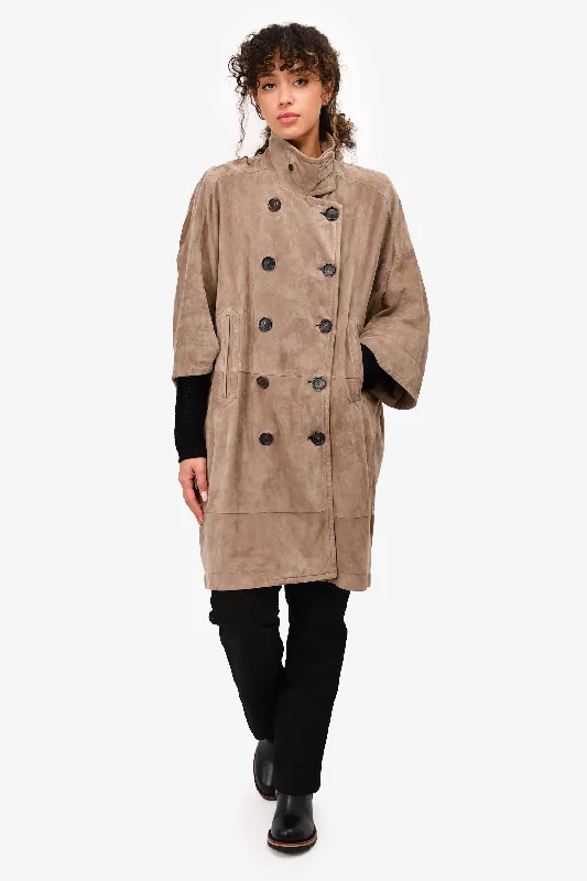 Brunello Cucinelli Beige Suede Leather Double Breasted 3/4 Sleeve Coat Size 46 A-Line Swing Coat