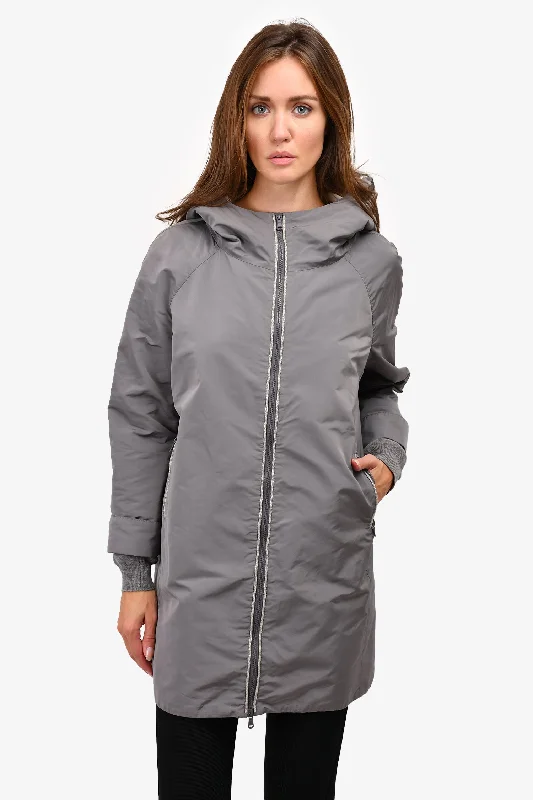 Brunello Cucinelli Grey Bead Detailed Zip Up Hooded Coat Size 42 Double-Breasted Trench