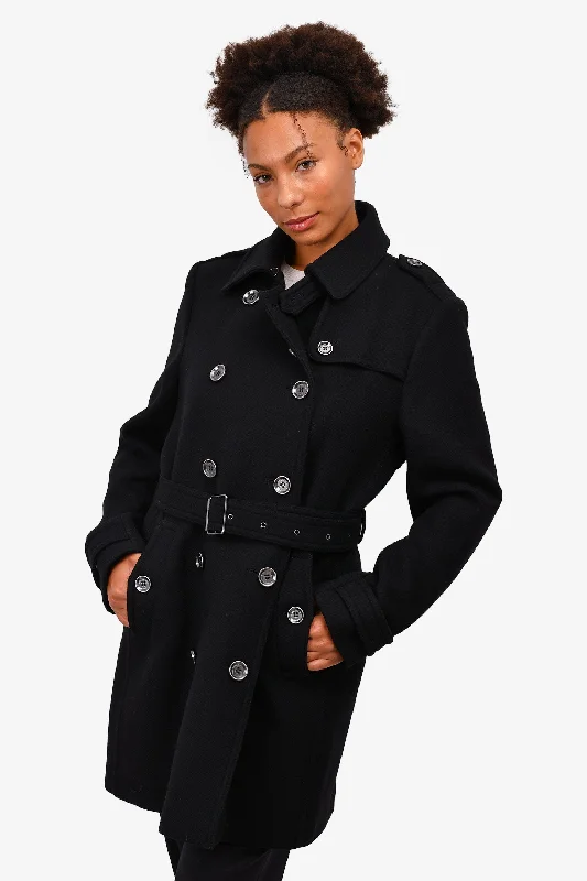 Burberry Brit Black Wool Buttoned Belted Midi Coat Size 14 Sleeveless Puffer Vest