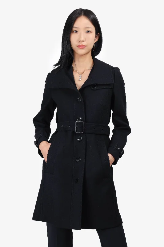 Burberry Brit Black Wool Gibbsmoore Belted Coat Size 4 Pastel Wool Peacoat