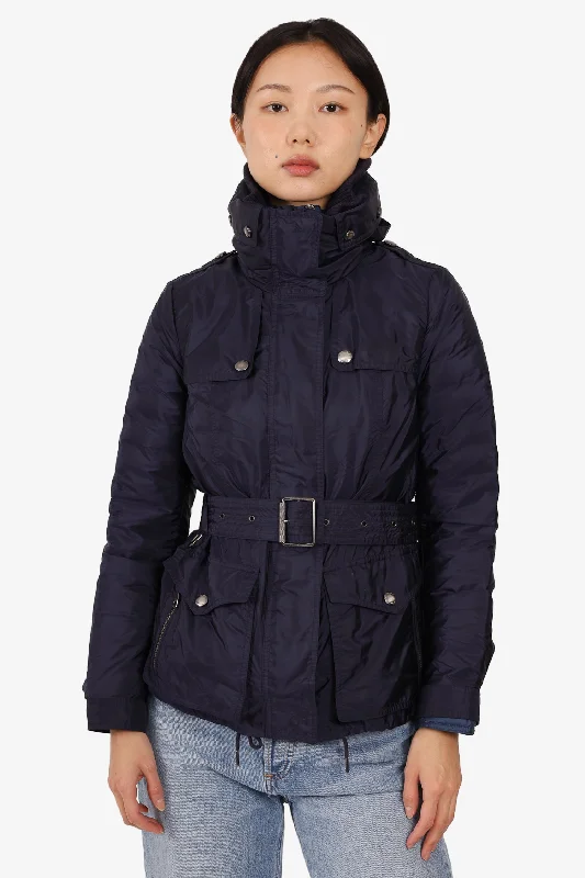 Burberry Brit Navy Down Belted Puffer Coat with Detachable Vest Size X-Small Longline Wool Coat