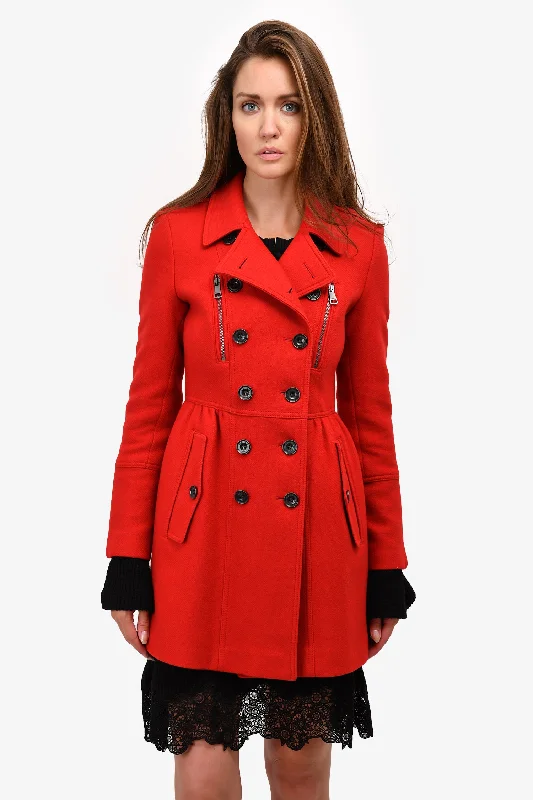 Burberry Brit Red Wool Double Breasted Coat Size 4 Hooded Parka Coat