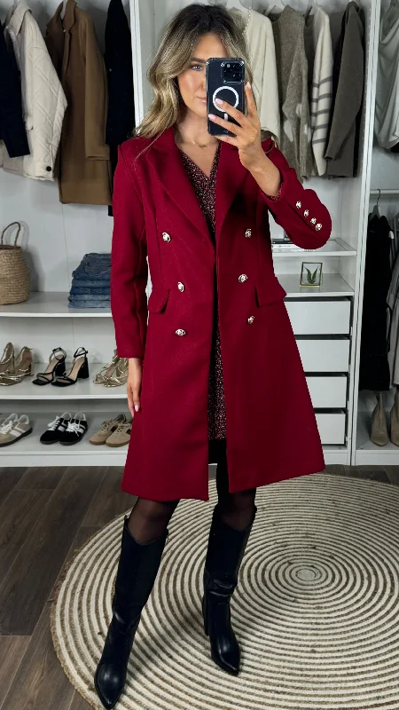 Camilla Burgundy Collared Gold Button Detail Coat Waterproof Rain Jacket