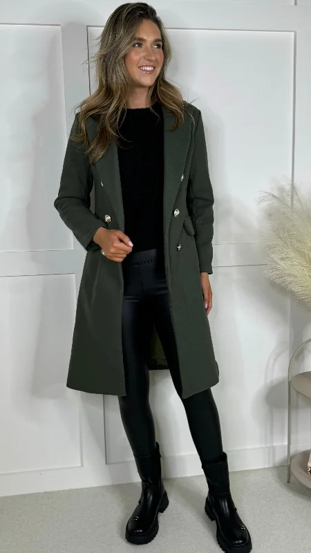 Camilla Khaki Collared Gold Button Detail Coat Stylish Bomber Jacket
