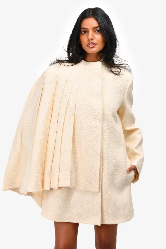 Gucci 2024 Cream Wool Pleated Cape Detailed Coat Size 40 Belted Wool Overcoat