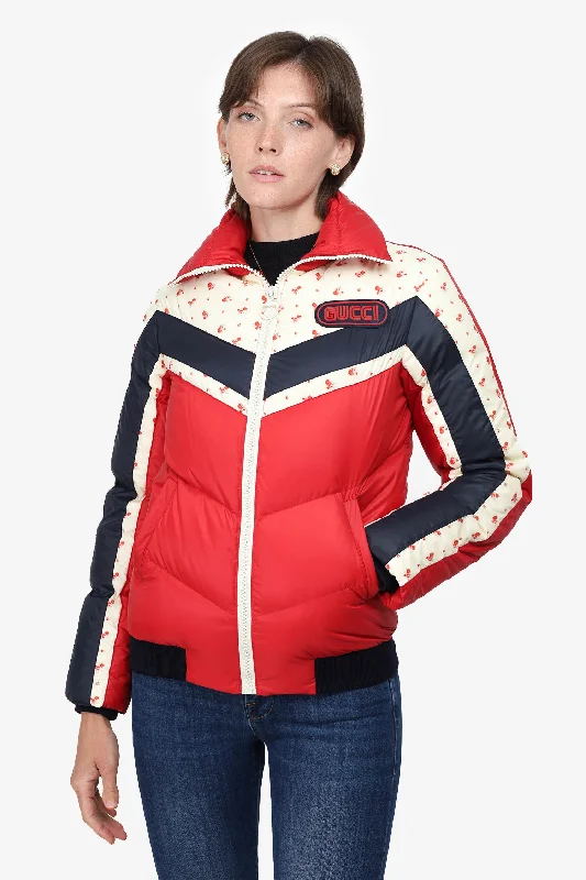 Gucci Red / Floral Down Puffer Coat Size 36 Draped Collar Cardigan