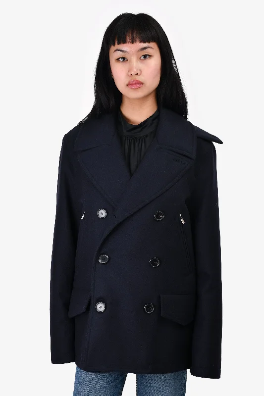 Hermès Navy Wool Double Breasted Coat Size 48 Padded Ski Jacket