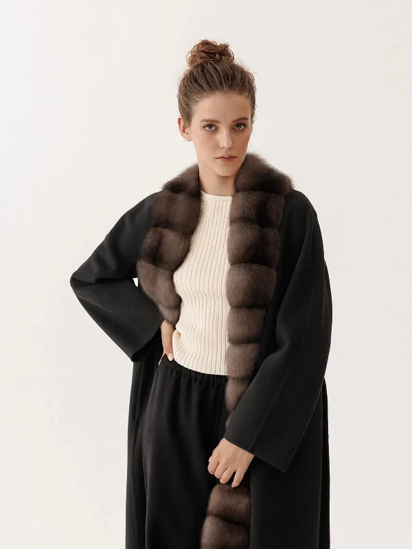 Cashmere coat with sable trim for women Casual Open-Front Coat