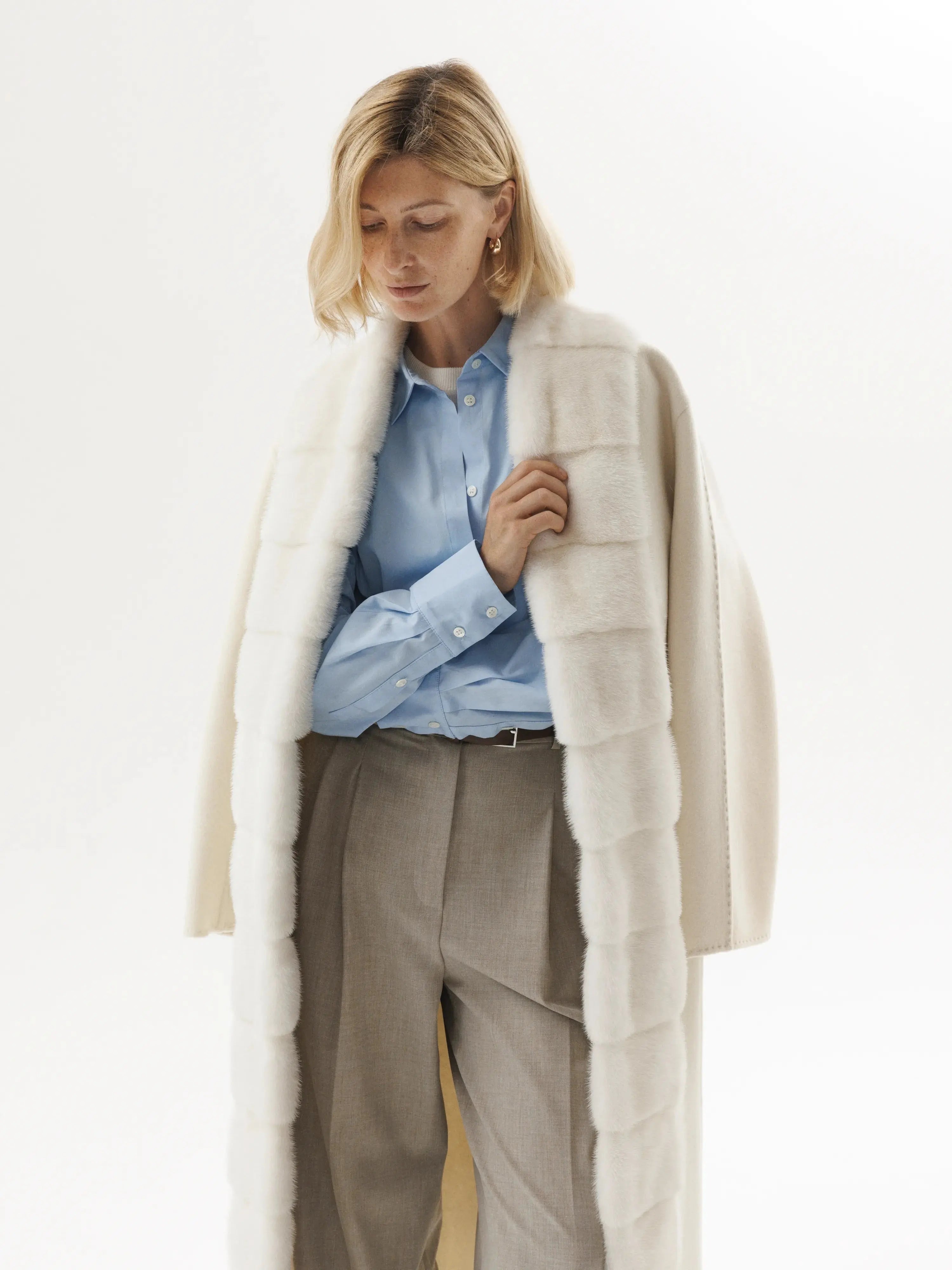 Cashmere coat with mink trim for women Long Hooded Anorak