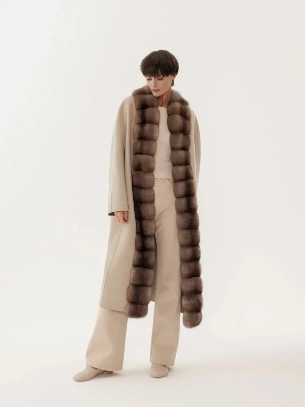 Cashmere coat with natural sable fur trim Button-Up Cardigan Coat