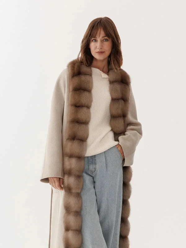 Cashmere coat with side marten fur trim Fleece Lined Windbreaker