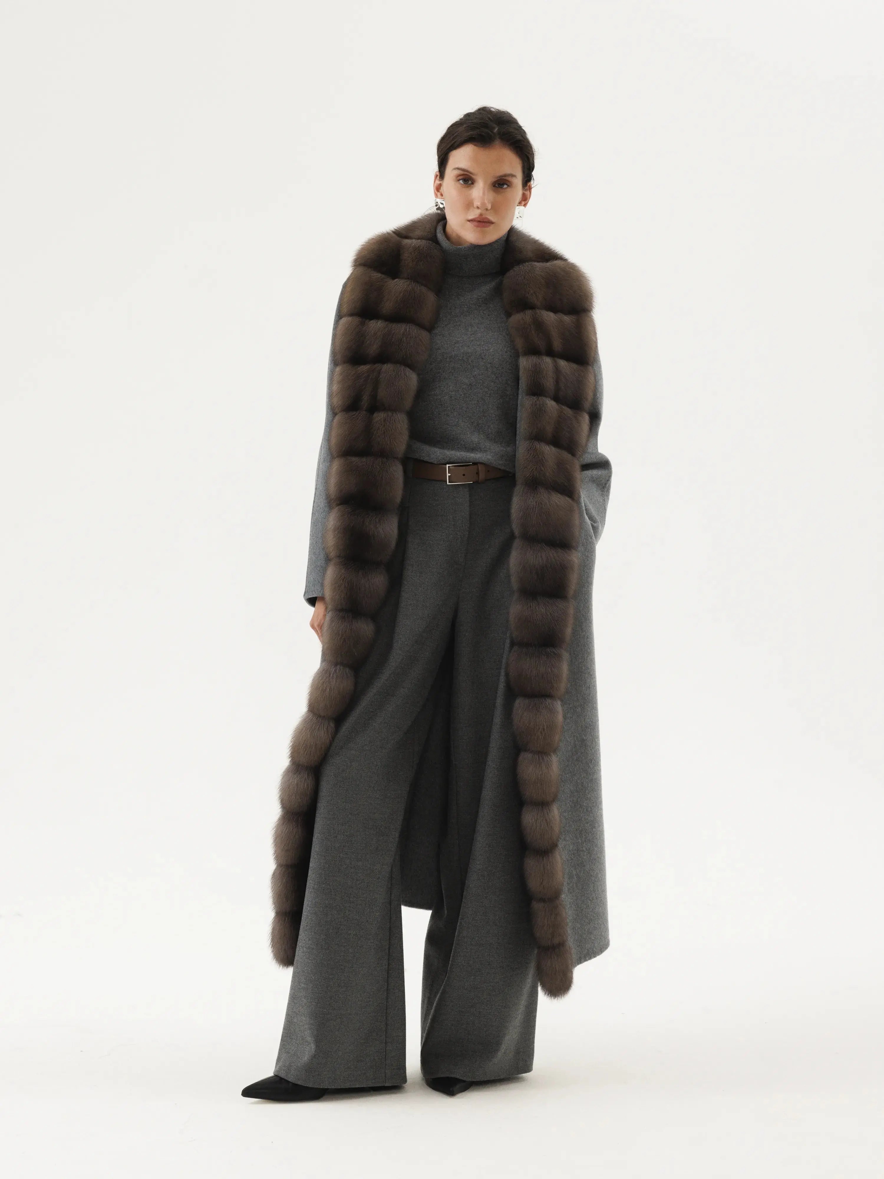 Cashmere coat with sable trim on the sides in graphite tone Sleeveless Puffer Vest