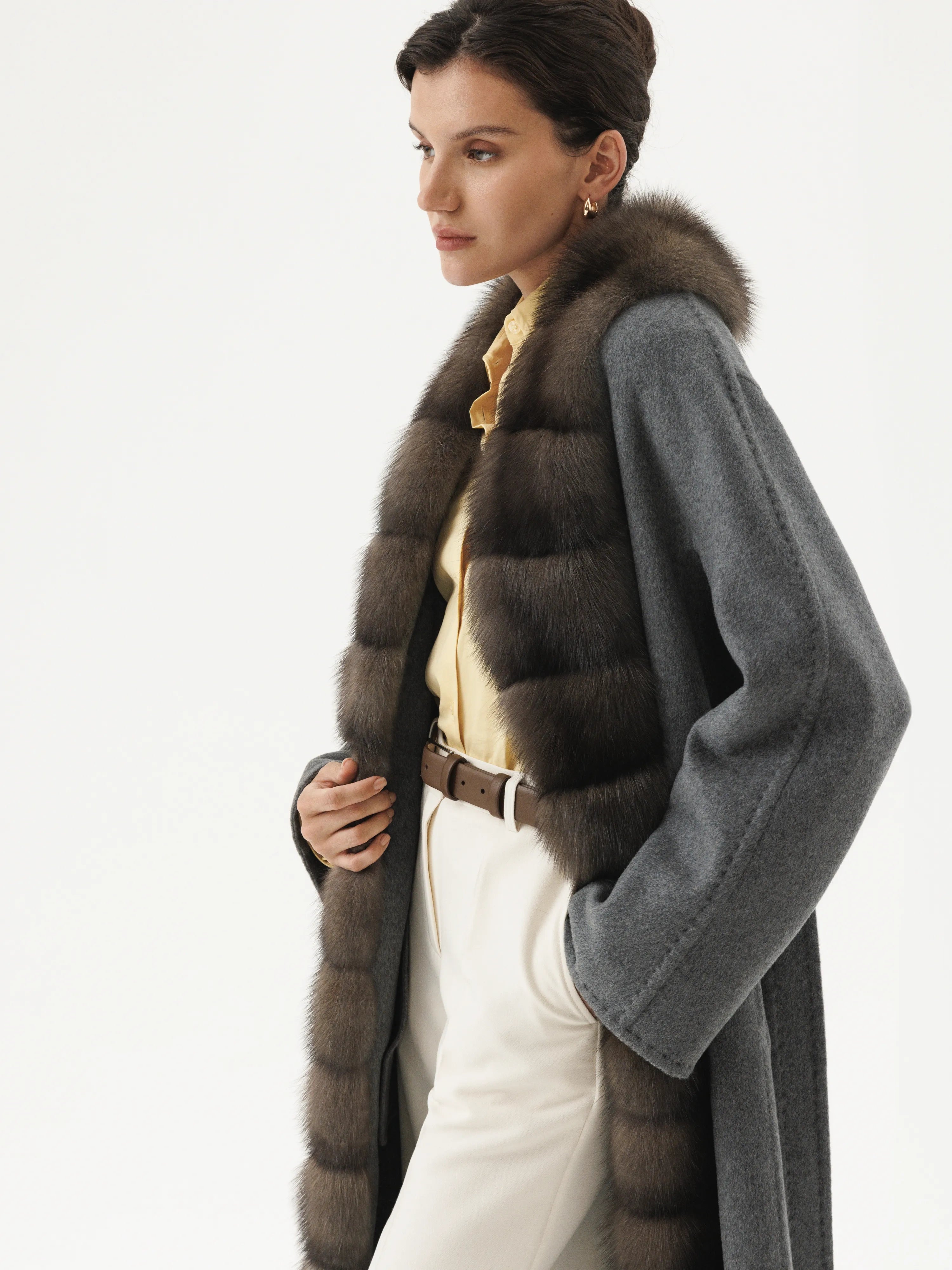 Cashmere coat with sable fur trim on the side Stretchy Active Jacket