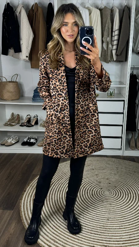 Lexie Beige & Black Leopard Print Suede Finish Midi Coat Warm Down Parka