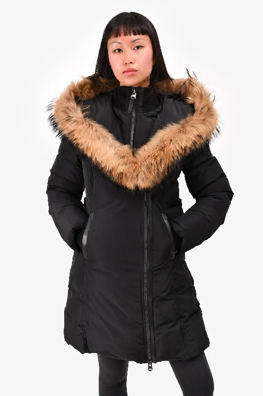 Mackage Black Down Mid Length Coat With Fur Trim + Belt Size M Ruched Sleeve Blazer