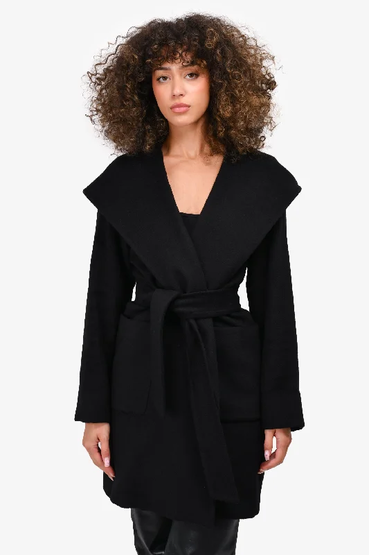 Max Mara Black Camel Hooded Belted Short Coat Size 8 Buttoned Peplum Coat