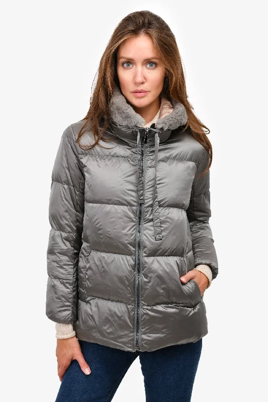 Max Mara Grey Quilted Down 'The Cube' Coat with Fur Lined Hood Size US 2 Fitted Faux Suede Blazer
