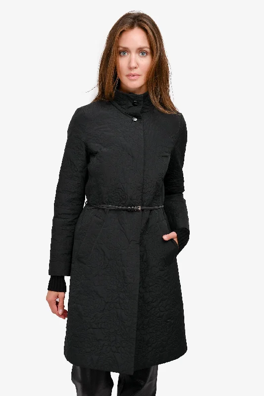 Max Mara Studio Black Floral Quilted Coat with Thin Leather Belt Size 8 US Chic Oversized Blazer