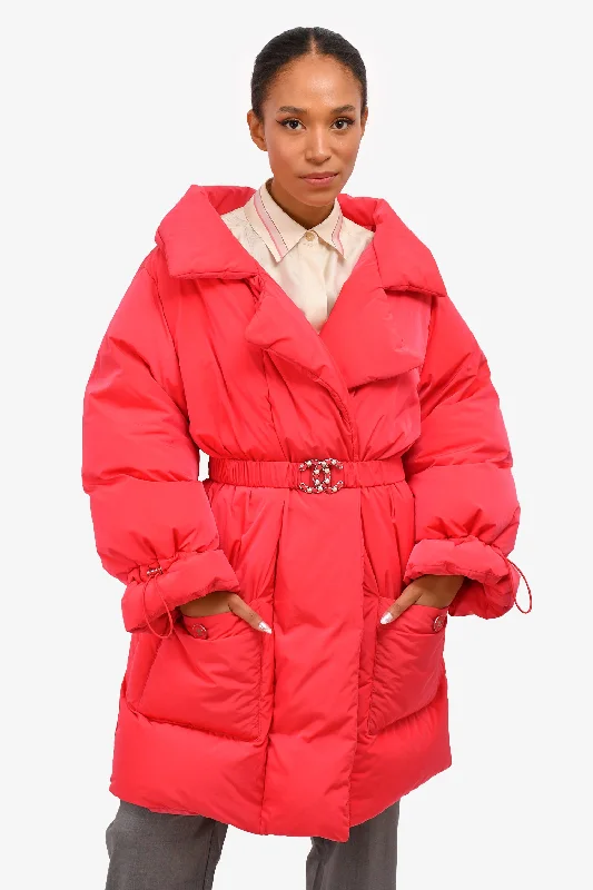 Pre-Loved Chanel™ 2019 Pink Belted Puffer Coat Size 40 Military-Inspired Jacket