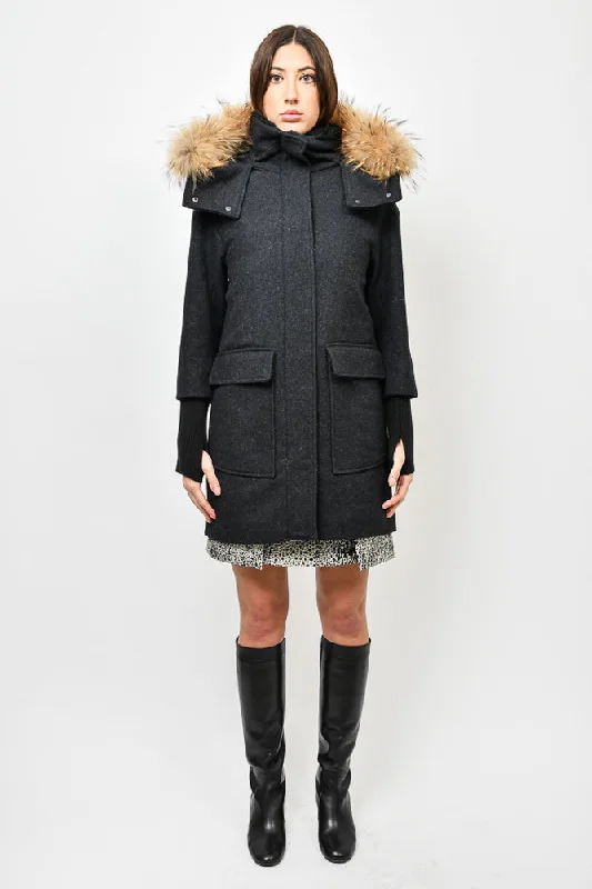 Soia & Kyo Black Wool Coat with Quilted Interior and Fur Trim Size XS Pastel Wool Peacoat