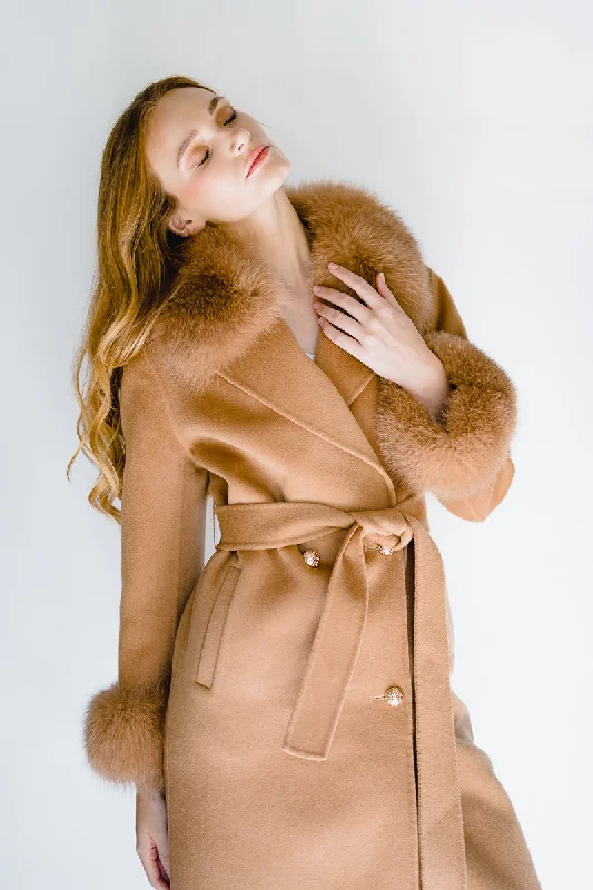 Victoire Cashmere Coat - Camel Fur-Trimmed Winter Coat