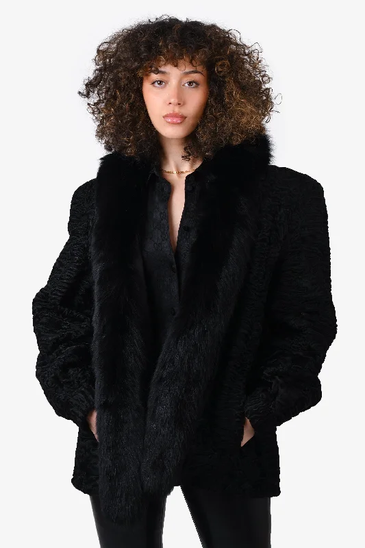 Vintage Black Persian Lamb & Fox Fur Coat Size 6 Soft Cashmere Wrap