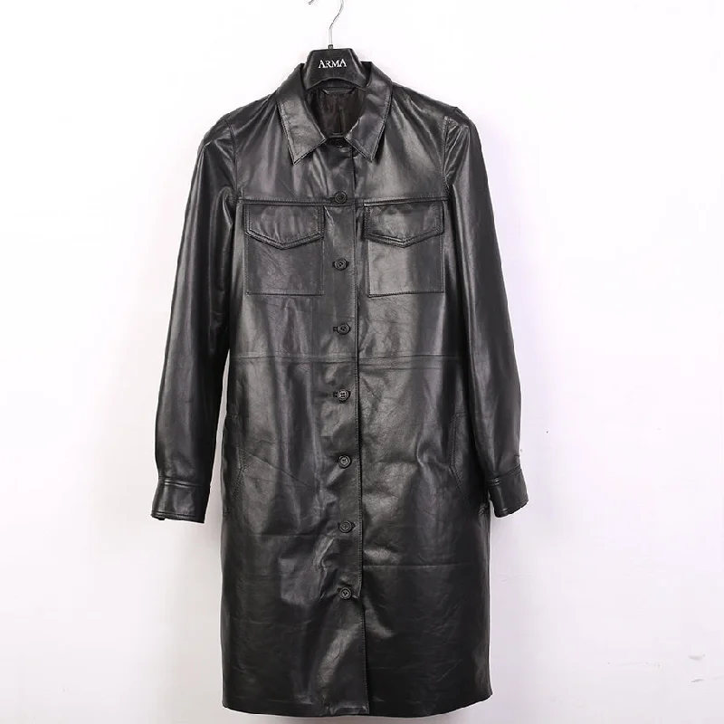 Athena Matrix Womens Black Full Long Leather Coat with Buttons Draped Longline Jacket