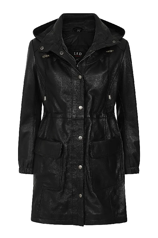 Women's ¾ Length Black Leather Duffle Coat - 'BECKY' High-Collar Puffer Coat