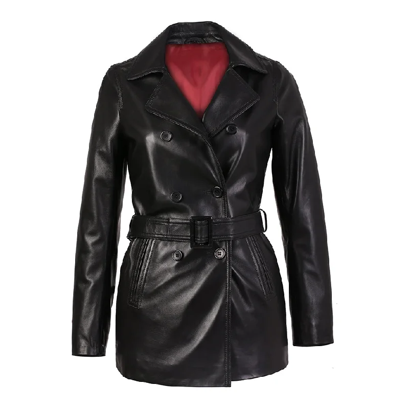 Carissa Womens Black Belted 3/4 Long Leather Coat Elegant Cape Blazer