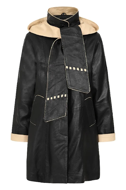 Women's Modern Classic Genuine Leather Coat - CONNIE Adjustable Waist Parka
