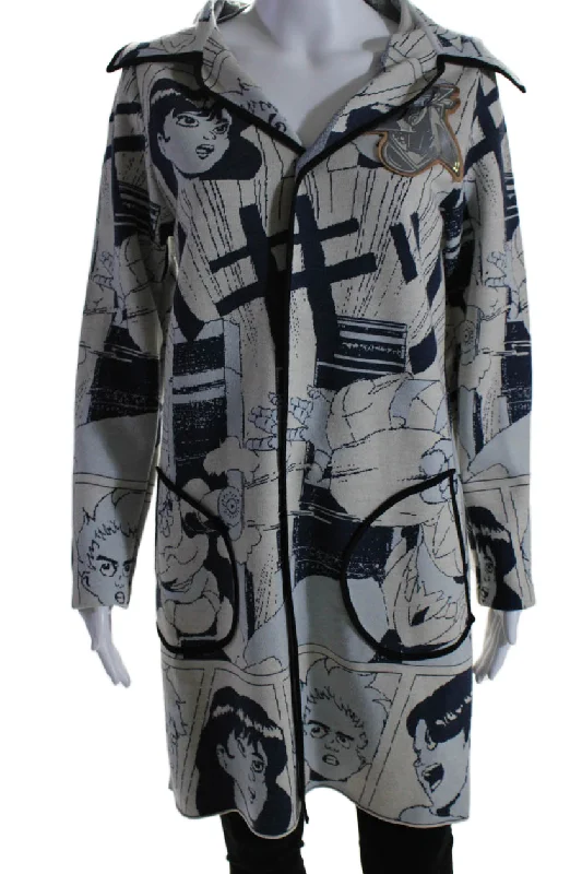 Loewe x Gundam Womens Button Front Manga Knit Coat Blue White Warm Down Parka