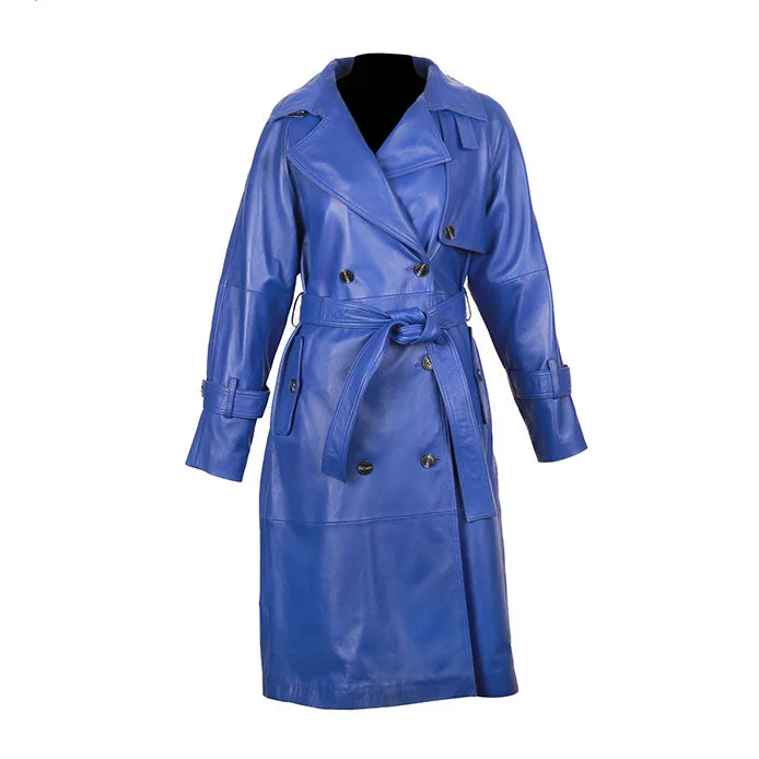 Milly Women's Leather Double Breasted Long Coat Blue A-Line Swing Coat