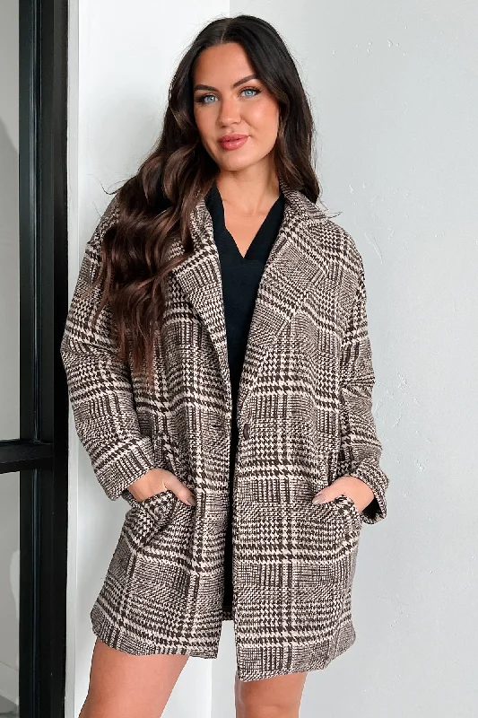 Mystery Worth Solving Oversized Plaid Coat (Brown) Hooded Puffer Anorak