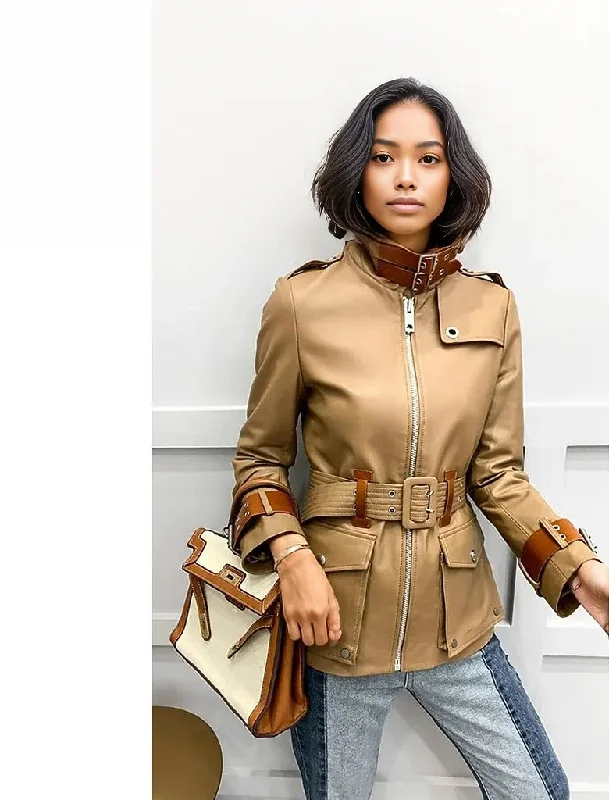 Tanny Womens Natural Sheepskin Coat 100% Streetwear Real Leather Coat Puff Sleeve Overcoat