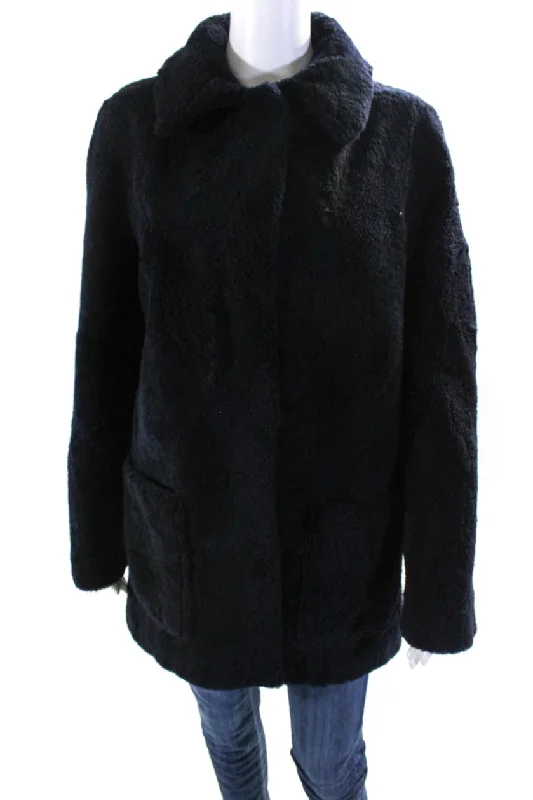 Pologeorgis Womens Long Sheep Fur Hook & Eye Coat Navy Blue Collared Pea Coat