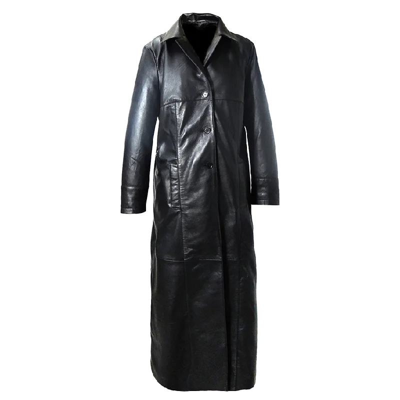 QR Matrix Womens Black Full Long Leather Coat with 3 Buttons Luxury Cashmere Wrap