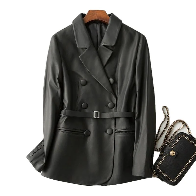 Aphrodite Womens Double Breasted Leather Coat Fitted Faux Suede Blazer