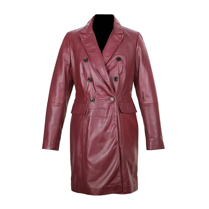 Sophia Women's Real Leather Double Breasted Coat Red Elegant Satin Bolero