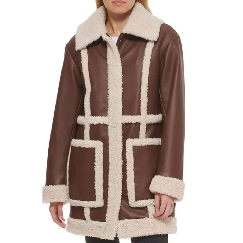 Women Brown RAF Aviator Flight Shearling Long Sherpa Coat Lightweight Windbreaker