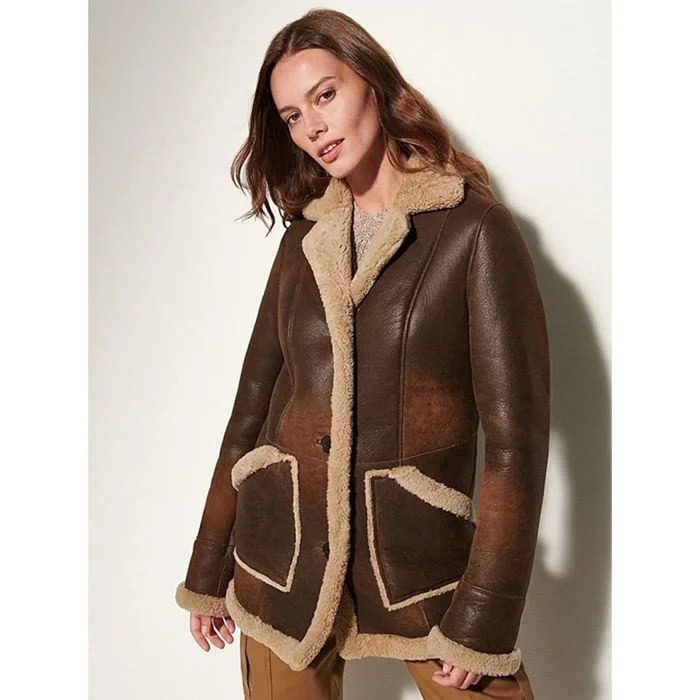 Women Waxed Brown B3 Bomber Shearling Coat Casual Denim Jacket